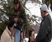 Two crazy girls give head kneeling in the snow on a ski desc from indian village girl sex desc