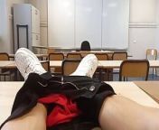 Horny at school during course revision, this French-Asian student takes out his cock in public, jerks off in a risky university from school girl stud