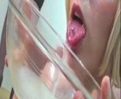 Spanish girl drinks bowl of cum from cum in glass bowl