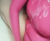 I play with dildo and plug in shower with pink spandex leotard an sperm from shini flowers