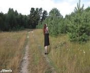 Lustful brunette undresses in the woods and walks naked from residential park midnight naked walking to the main street with the tail in the anal from
