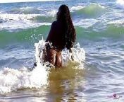 A beach encounter between a black girl and a white guy ends with outdoor sex from white guy fuck black girl