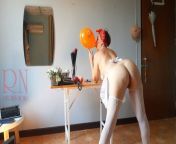 Office Obsession, The naked secretary in the office wearing a white apron inflates balloons and masturbates from popping aunty