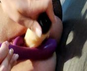 Two dildos and a finger in the ass from fishnets on for a finger fucking and creampie