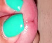 Up close pov frenulum tease on dick head with thumbs and beautiful nails from rub dick head