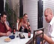 A tattooed German slut gets banged by two cocks after a few wines from indian webcam slut with few guys