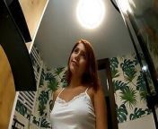 Hot sexy tight pussy redhead girlfriend in the bathroom no panties tases in a miniskirt from bath underwear foot