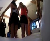 Mini skirt Short skirts lover hot sluts have a party at home to show what is under their skirts and they are braless from lover nude