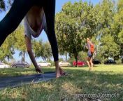 Girl doing workout yoga in the park without bra can see boobs voyeur nipslip from girl with training bra naked