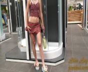 Risky flashing in sexy micro skirt in store without panties from teen public squirt at mall