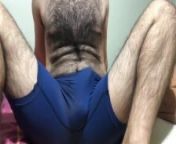 Hairy chest man bulge dick and ball massage slip boxer panties from latest gay porn