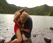 Horny couple pleasuring each other and making love passionately at a volcanic crater lake from reshma lake